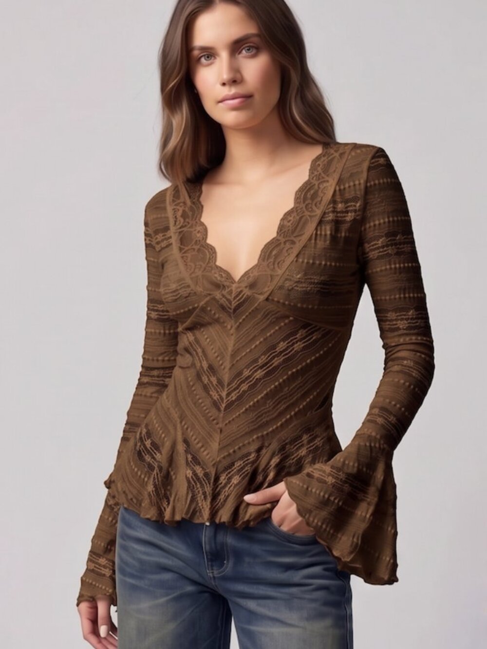 Bohemian Brown Semi-Sheer Textured Lace Flared Sleeve Fairycore Blouse